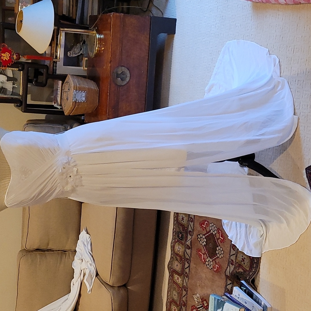 Midi casual strapless bridal gown lace sheer train